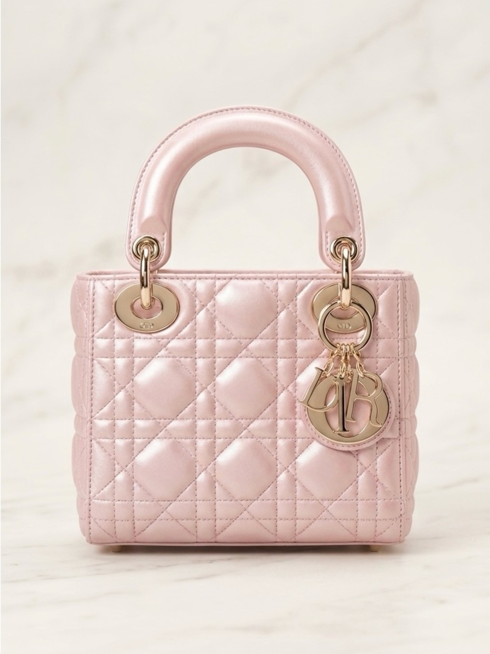 Dior Metallic Light Pink Quilted Mini Lady Bag with Gold Hardware